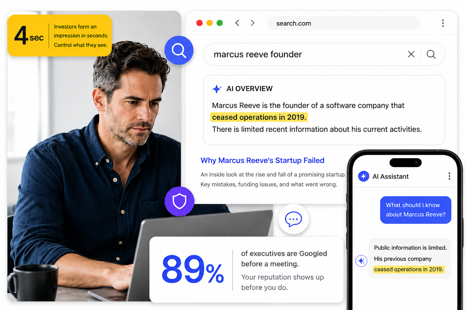 A founder's search results and an AI assistant summary of his background, shown side by side